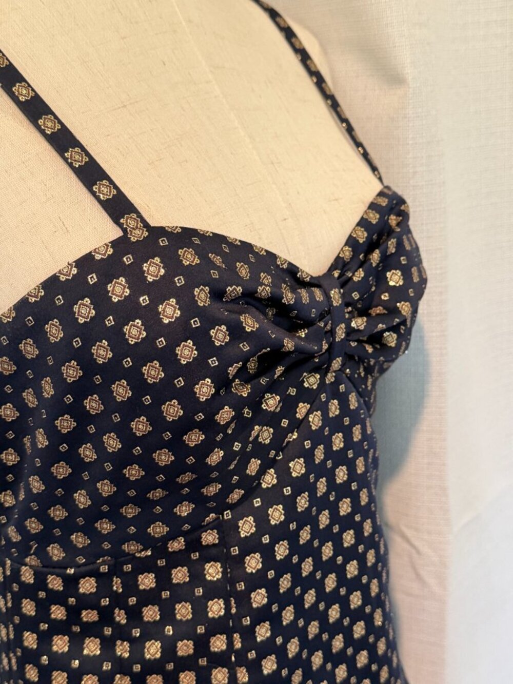 I. Magnin Vintage Navy Gold Brocade Maxi Dress Set Formal Wedding Guest M - Picture 4 of 12